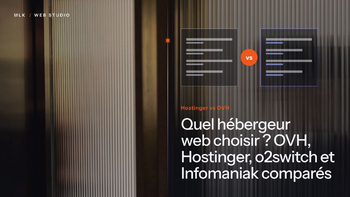 Les mots Hostinger vs OVH à côté de deux panneaux comparés avec un badge vs, derrière un verre cannelé