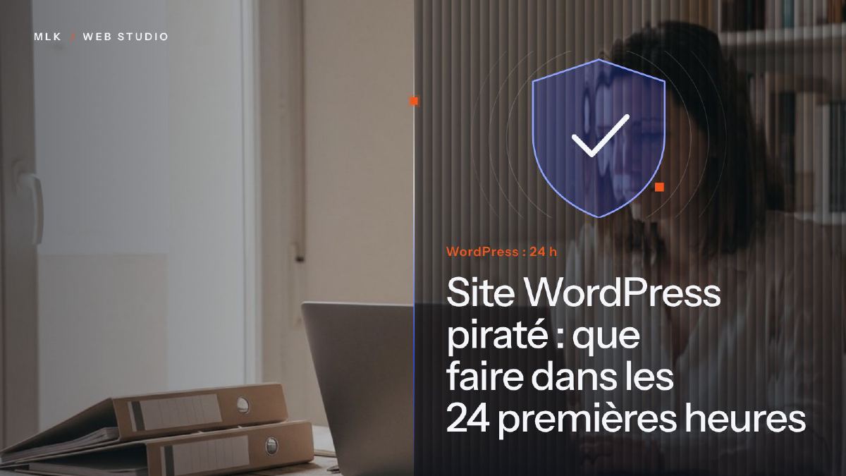 Bouclier coché devant une personne au travail sur un ordinateur portable, et la mention WordPress 24 h