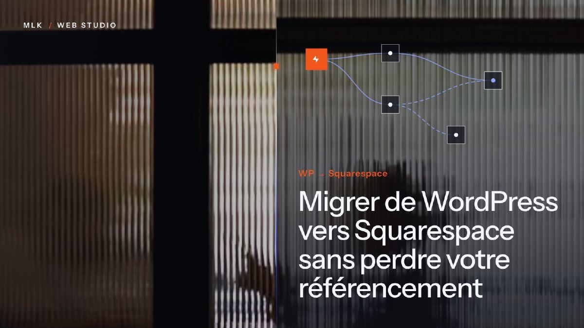 Schéma de flux aux nœuds reliés sur du verre cannelé, avec les mots WP → Squarespace