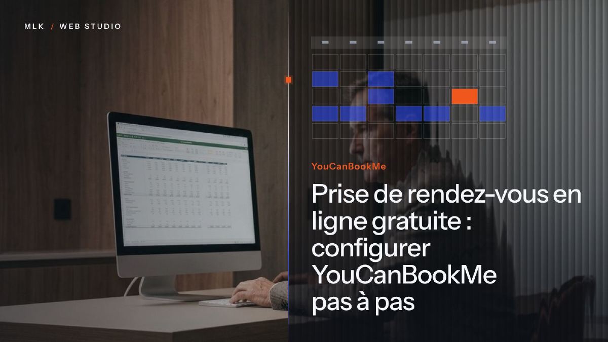 Un homme devant un ordinateur, à côté d’une grille d’agenda aux créneaux réservés, titrée YouCanBookMe