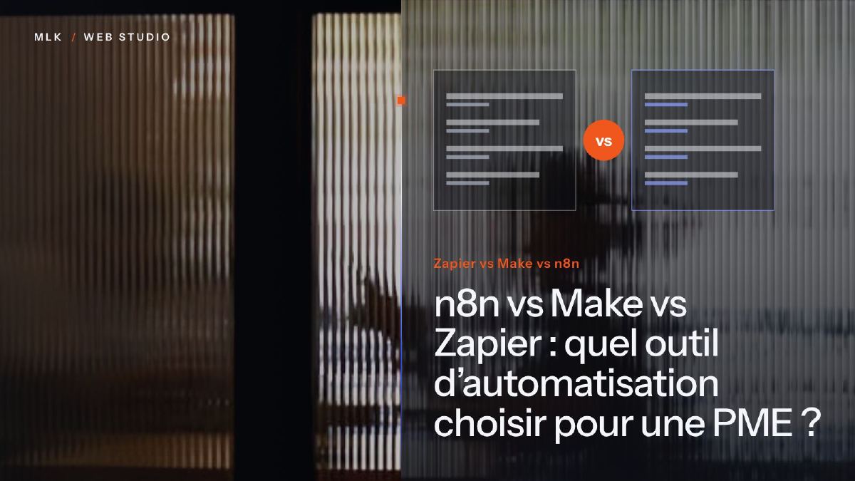 Les mots Zapier vs Make vs n8n à côté de deux panneaux comparés et d’un badge vs, derrière une vitre cannelée