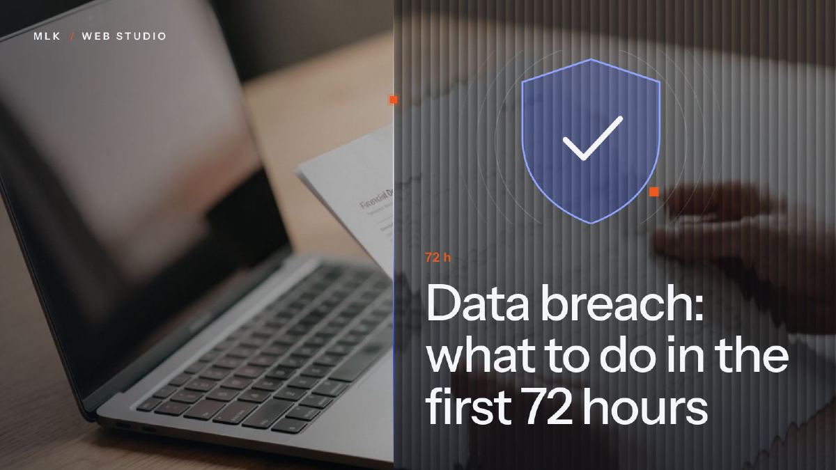 The title “Data breach: what to do in the first 72 hours” in white on a ribbed-glass panel over a photo, with a shield bearing a check mark
