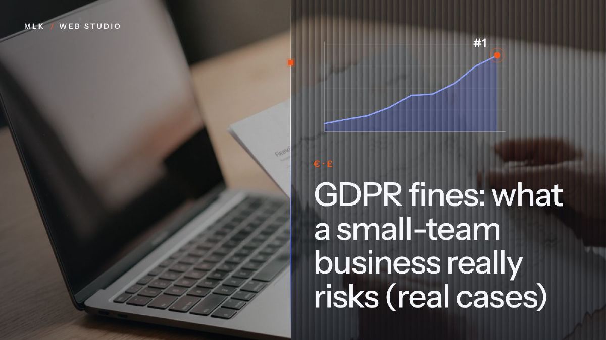 The title “GDPR fines: what a small-team business really risks (real cases)” in white on a ribbed-glass panel over a photo, with a rising line chart