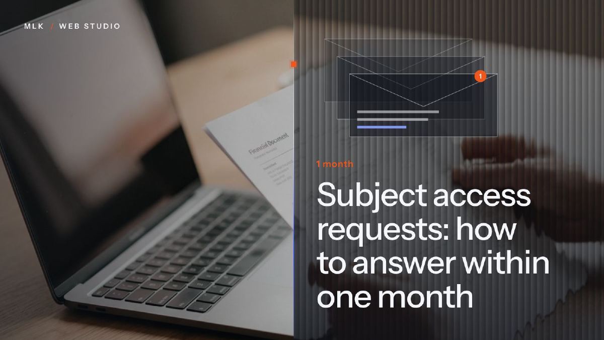 The title “Subject access requests: how to answer within one month” in white on a ribbed-glass panel over a photo, with stacked envelopes and a notification badge