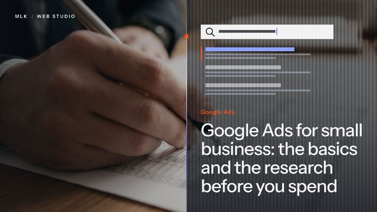 The words Google Ads beside a search bar and results, next to a hand writing figures in a table