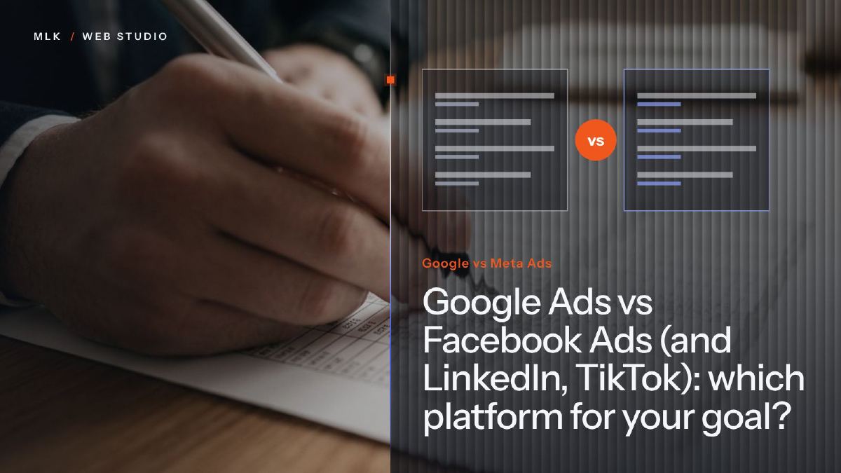A hand noting figures on a printed table, beside two compared panels and the words Google vs Meta Ads