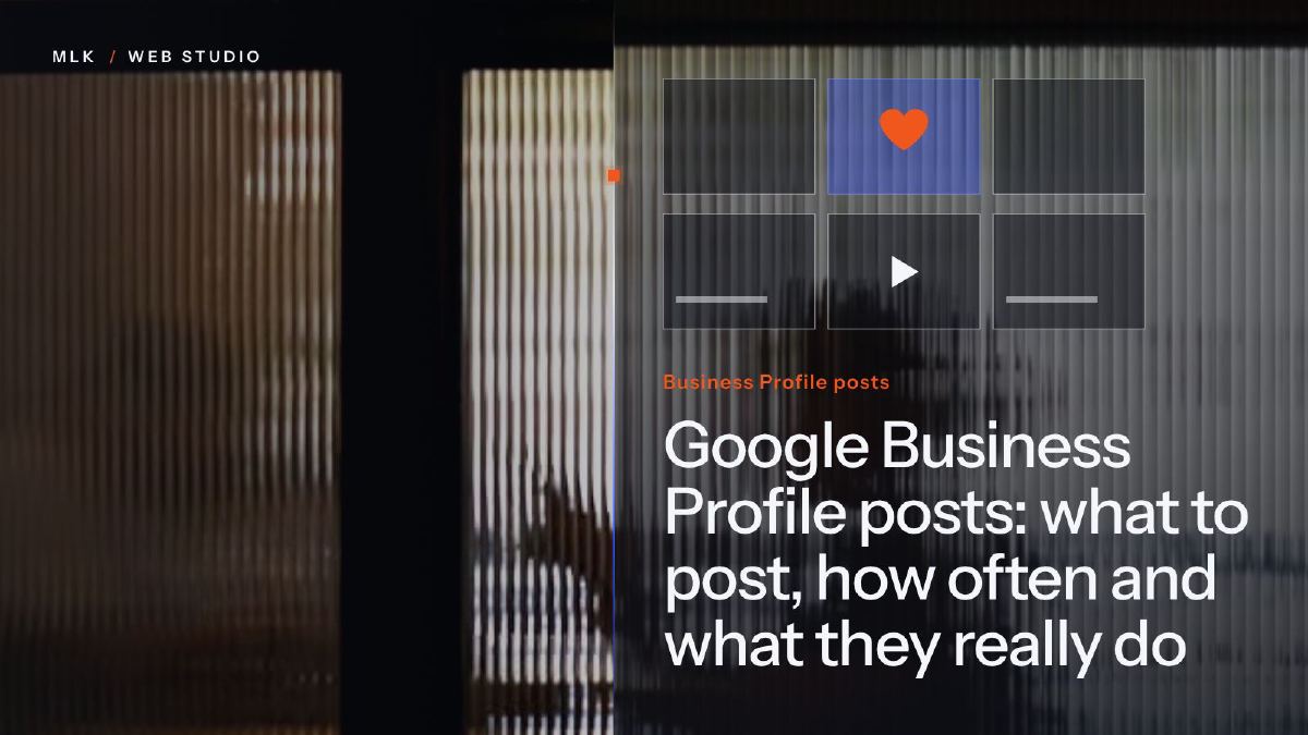 Grid of social post tiles with a heart and a play icon, next to the words Business Profile posts