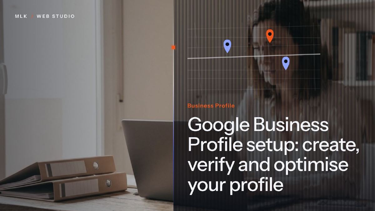 Map pin above a Google Business Profile card with a star rating and opening hours