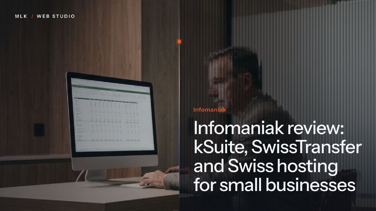 The name Infomaniak, the Swiss provider behind kSuite and SwissTransfer, on a glass background
