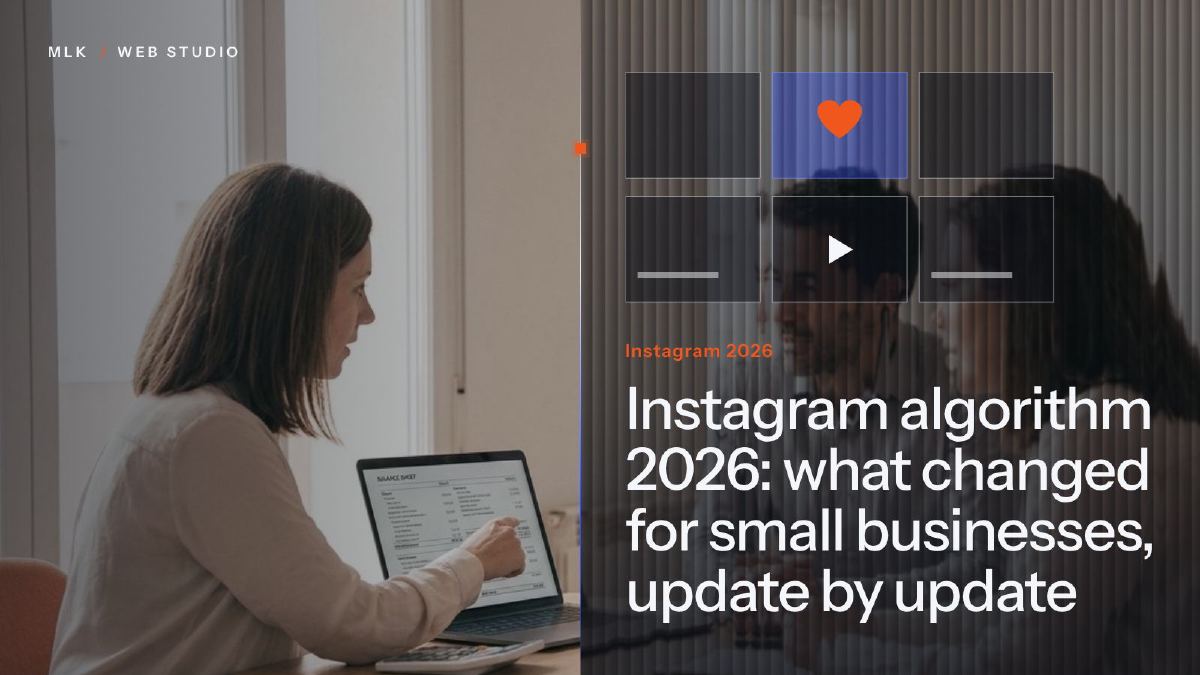 A woman working on a laptop beside a feed grid with a heart and a play icon, titled Instagram 2026