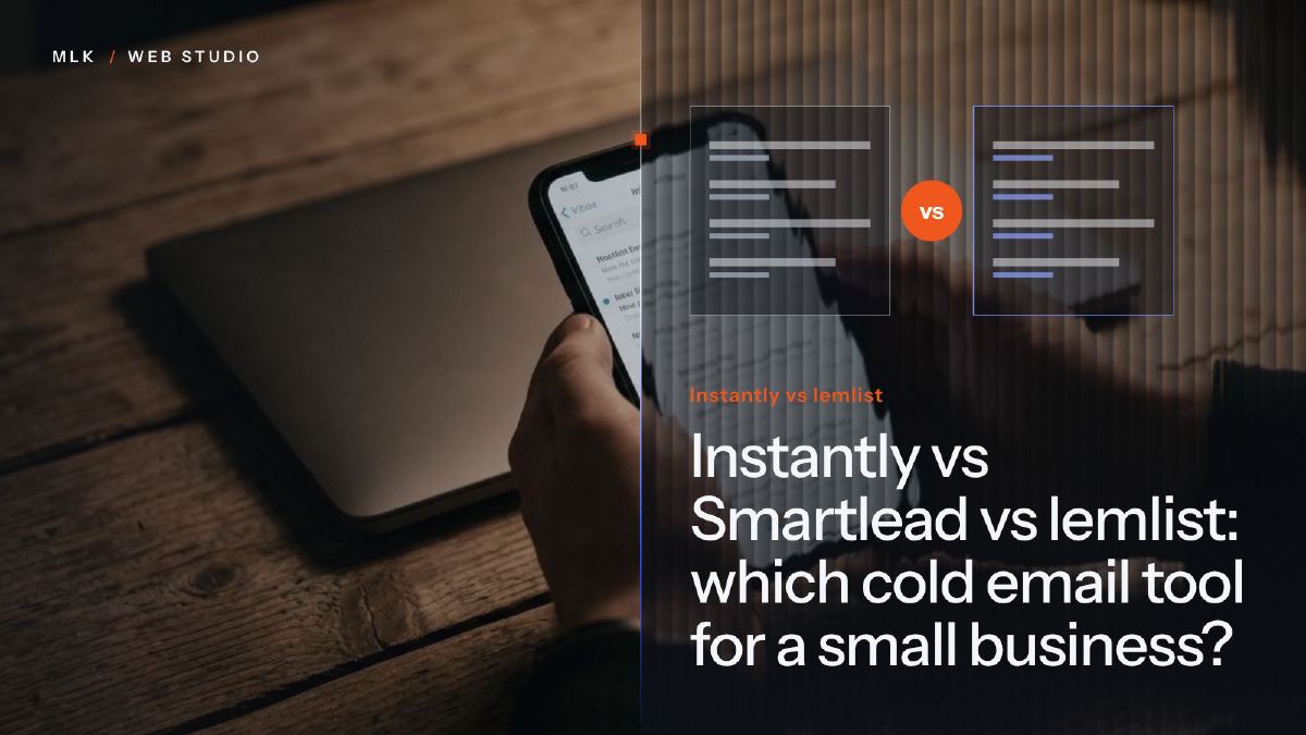 A hand holding a phone open on an email inbox, beside two compared panels and the words Instantly vs lemlist