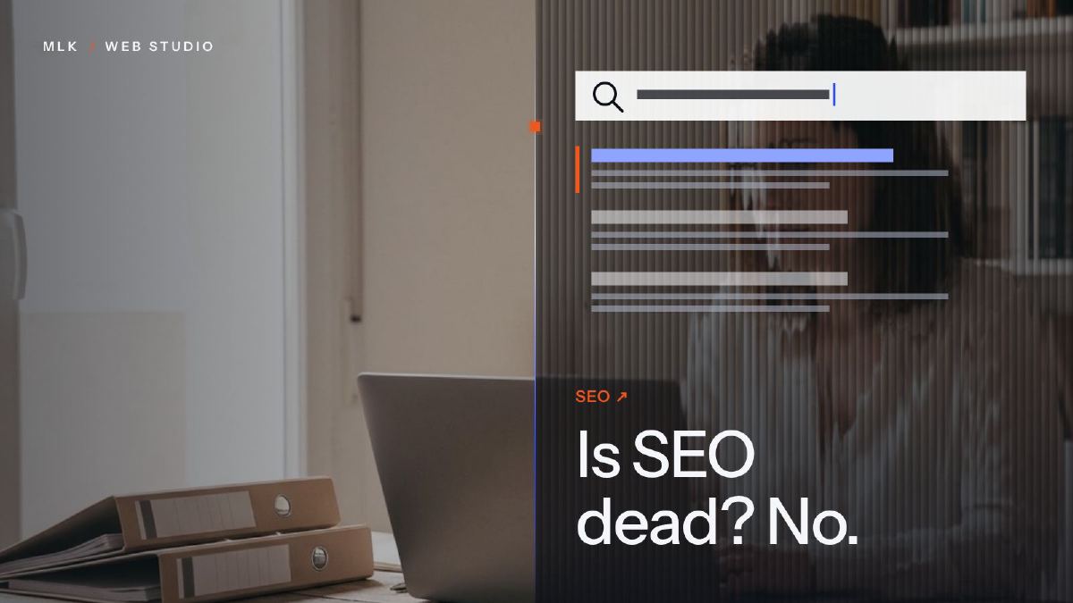 A search bar above a list of results with the first one highlighted, and the letters SEO with an upward arrow