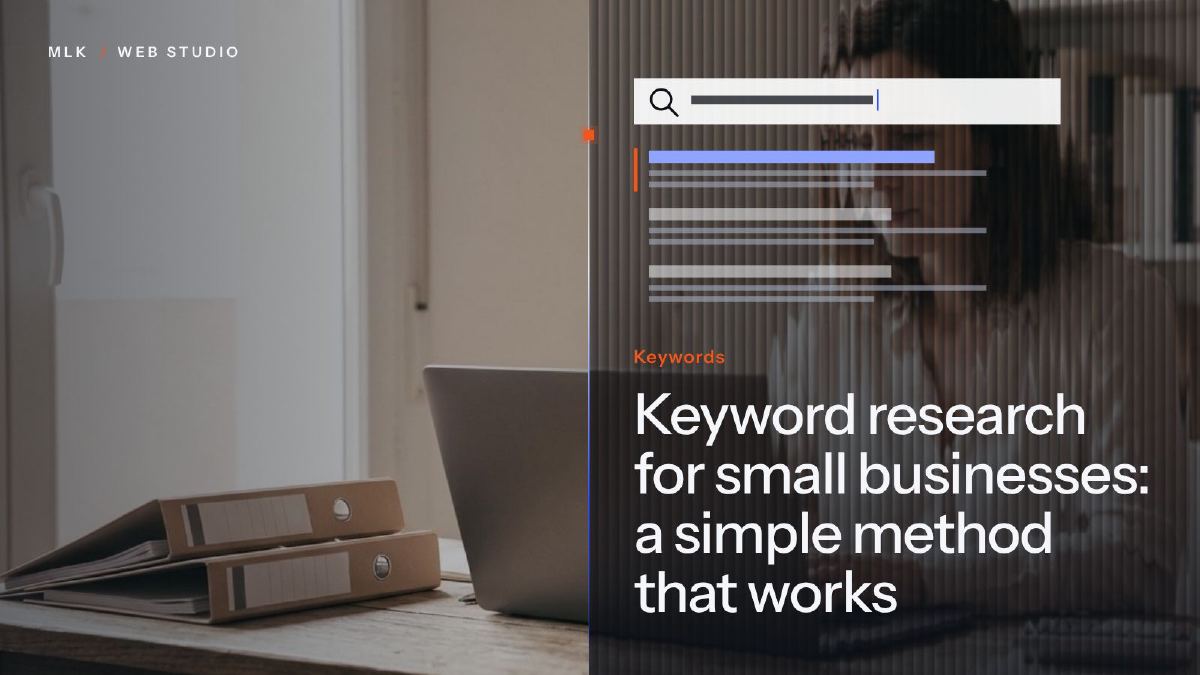 The word Keywords under a search bar and its results, beside a laptop and two binders on a desk