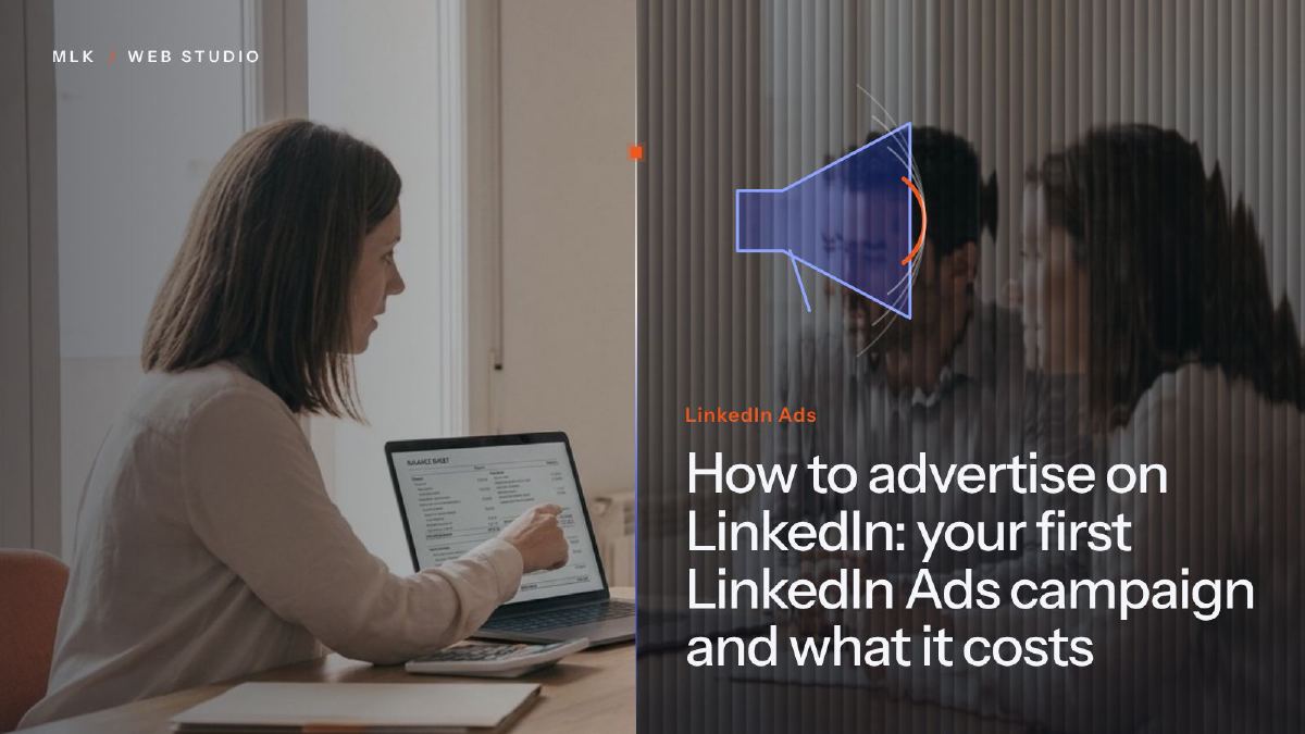 A woman checking figures on a laptop, next to a megaphone icon and the words LinkedIn Ads