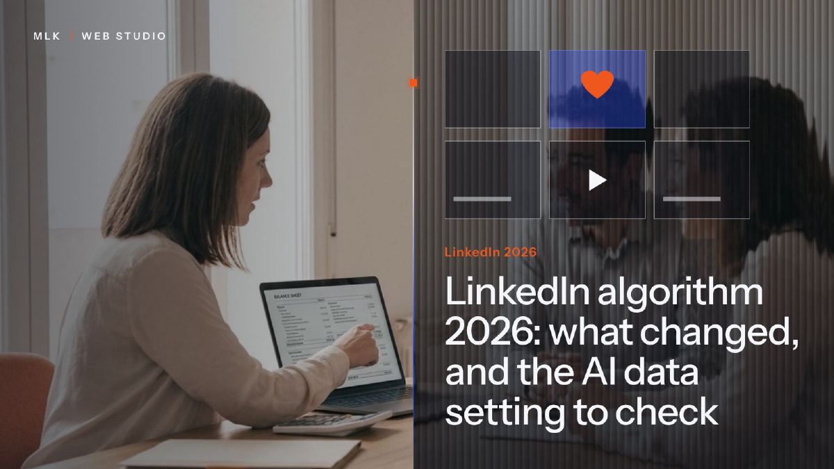 A woman reviewing a document on her laptop beside a feed grid with a heart and a play icon, titled LinkedIn 2026