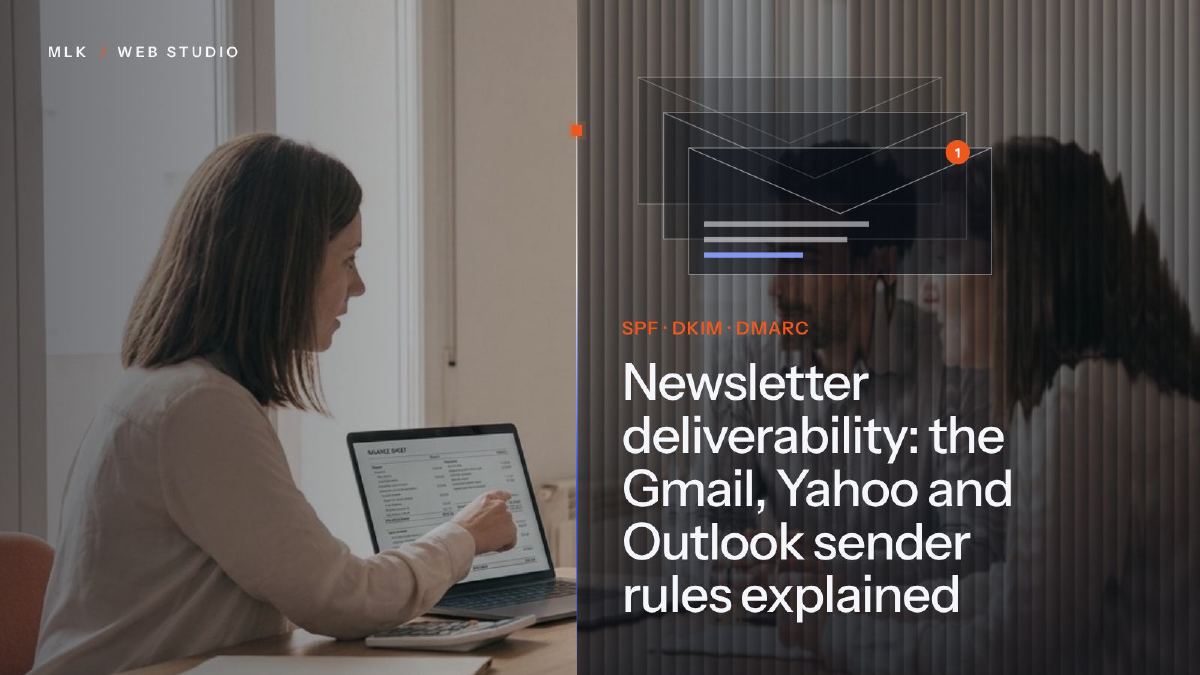 The title Newsletter deliverability in white on a ribbed-glass panel, over a photo of stacked envelopes with a notification badge