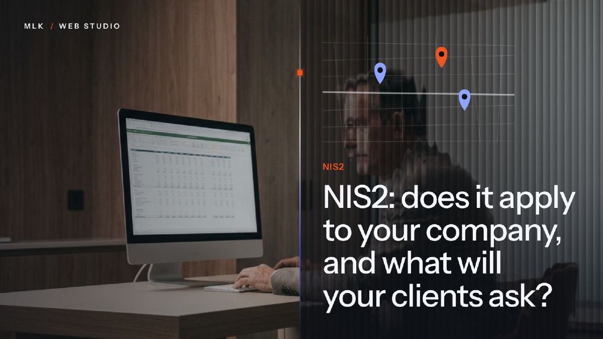 The title “NIS2: does it apply to your company, and what will your clients ask?” in white on a ribbed-glass panel over a photo, with a map marked with location pins