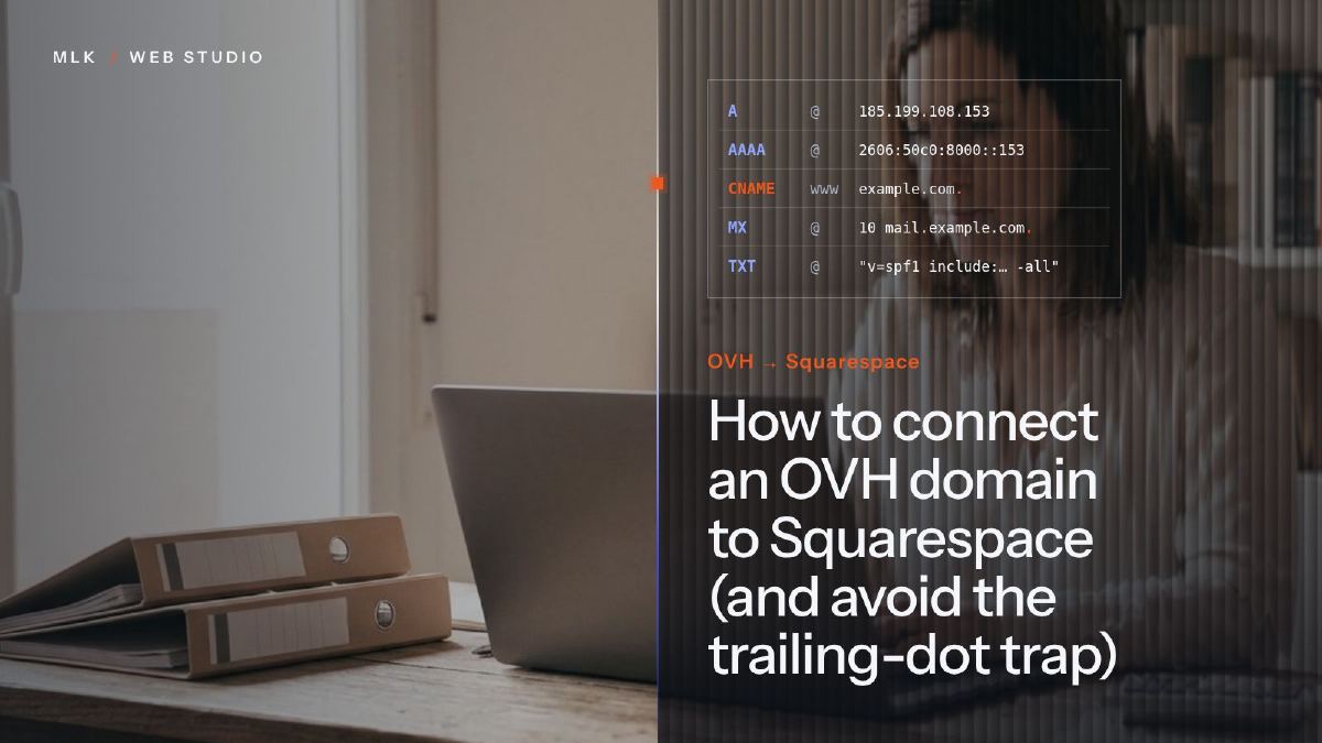 OVHcloud DNS zone records pointing a domain to Squarespace