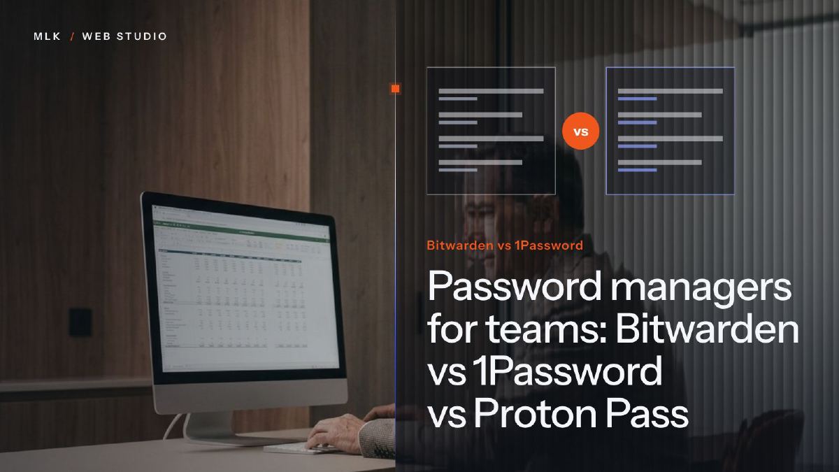 The title Password managers for teams: Bitwarden vs 1Password vs Proton Pass in white on a ribbed-glass panel over a photo, with two panels side by side and an orange vs badge