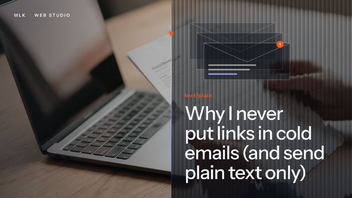A laptop and a printed document beside stacked envelopes with one new message and the words text/plain