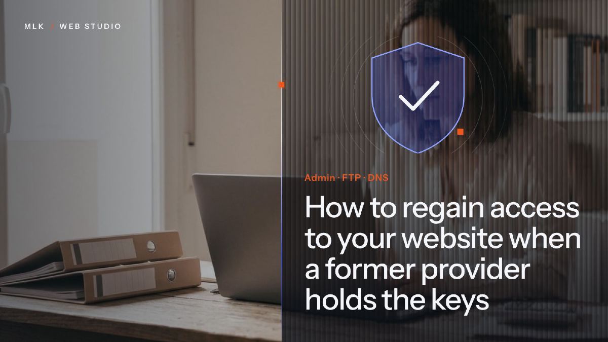 Laptop and binders on a desk beside a shield with a tick and the words Admin, FTP, DNS