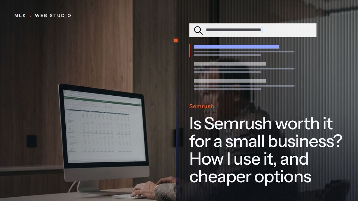 A man looking at a spreadsheet on a desktop computer, beside a search bar and a list of results, titled Semrush