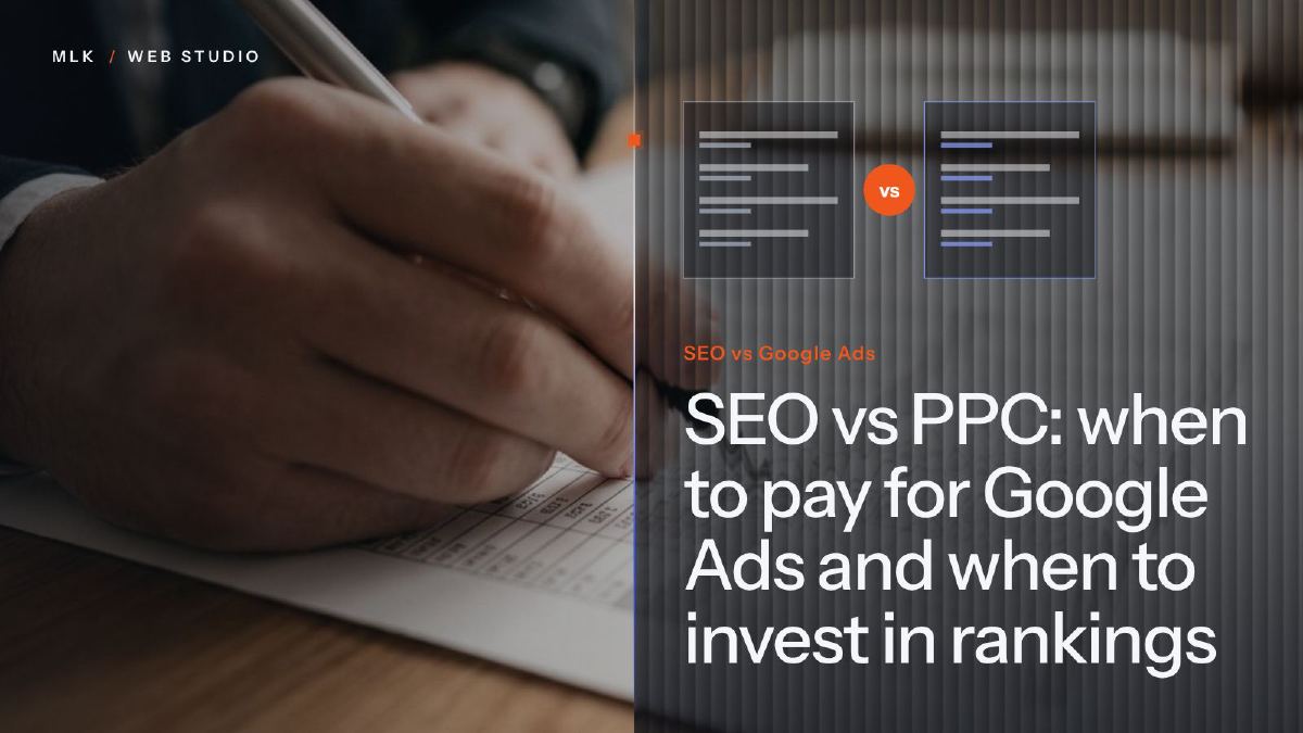 A hand writing figures on a printed table, beside the words SEO vs Google Ads and two compared panels
