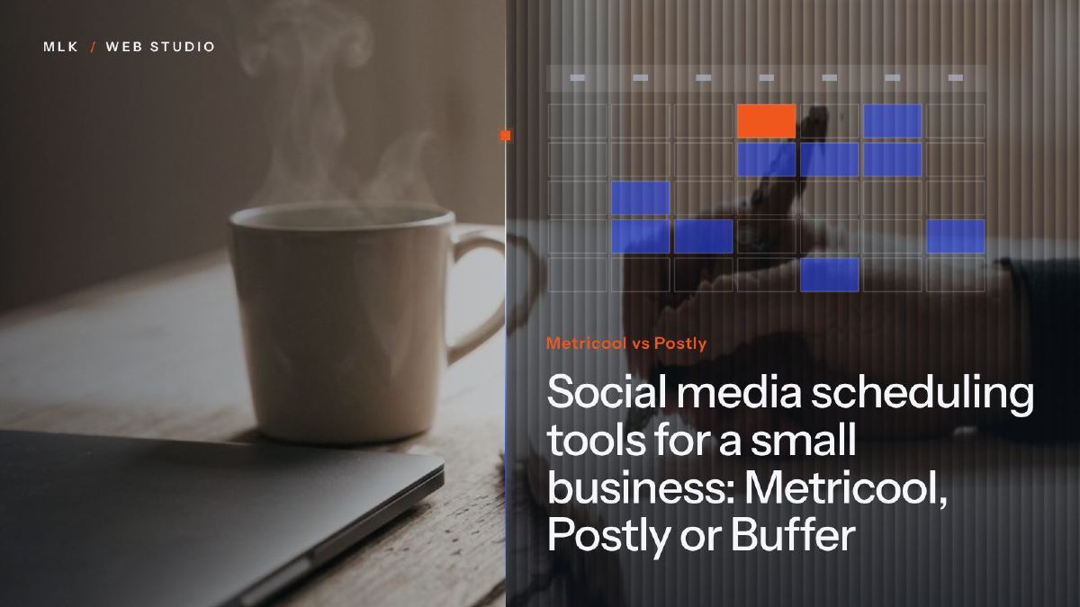 A monthly calendar of scheduled social media posts, titled Metricool vs Postly