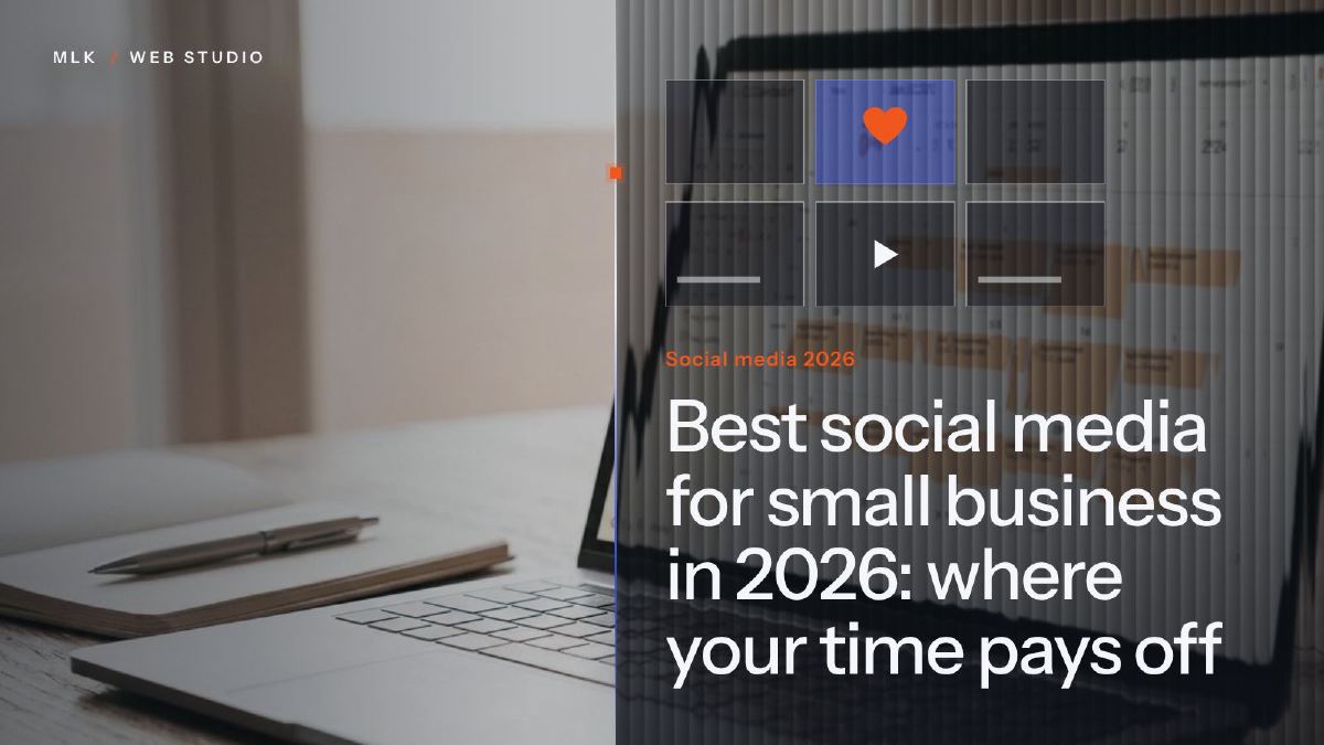 A laptop and a notebook beside a grid of post tiles with a heart and a play icon, titled Social media 2026