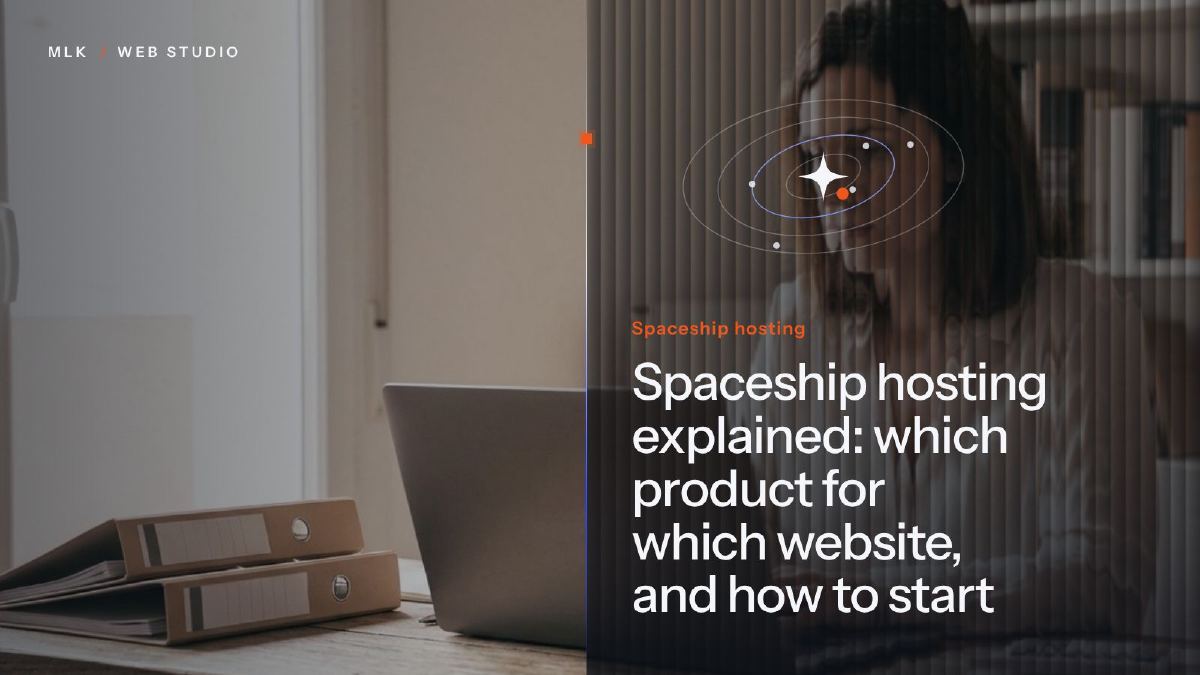 The words Spaceship hosting beside a star circled by orbits, behind ribbed glass