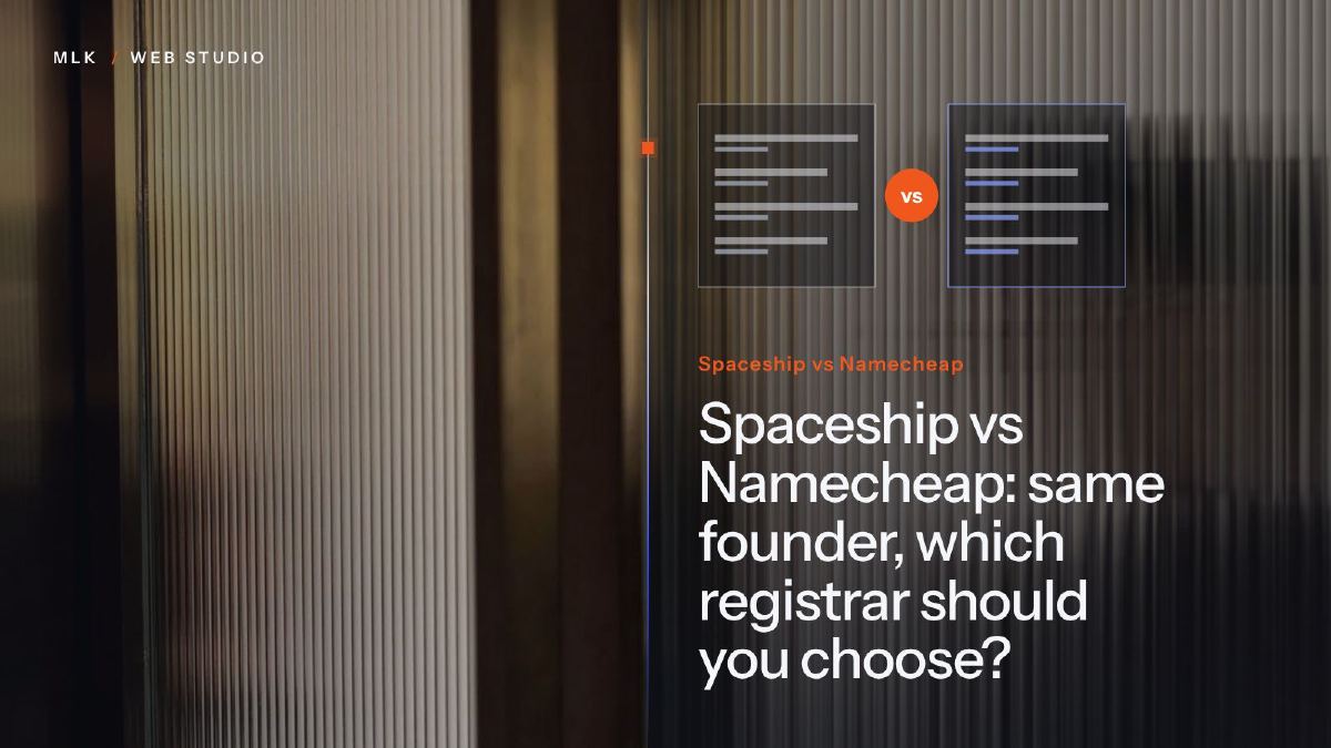 The words Spaceship vs Namecheap beside two compared panels, behind ribbed glass