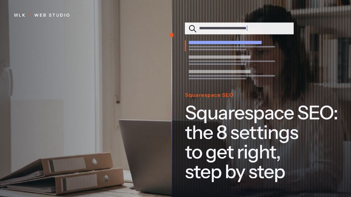 Search bar above a list of results with the first one highlighted, beside the words Squarespace SEO and a laptop on a desk