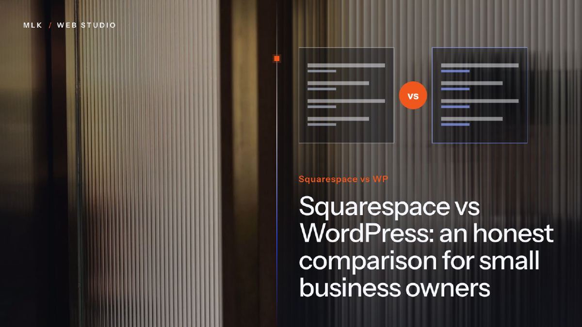 Two comparison panels side by side with a vs badge, titled Squarespace vs WP