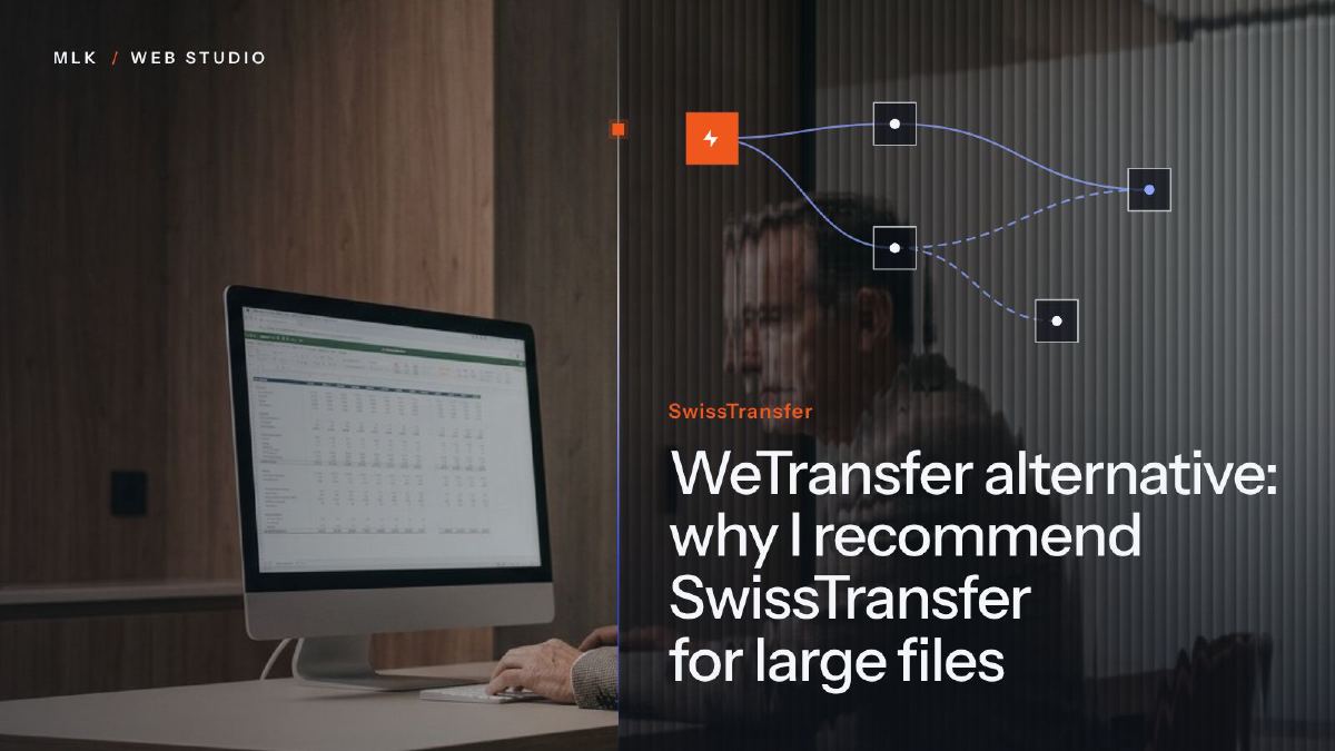A man working on a spreadsheet at a desktop computer, beside a file flow diagram titled SwissTransfer