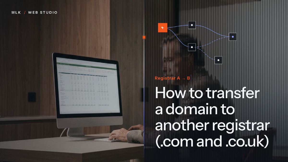 A man at a computer next to a flow diagram and the words Registrar A to B