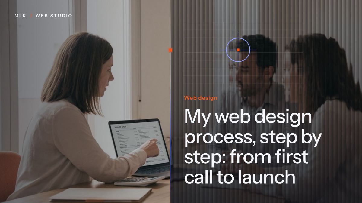 A woman points at her laptop screen beside a design grid and the words Web design