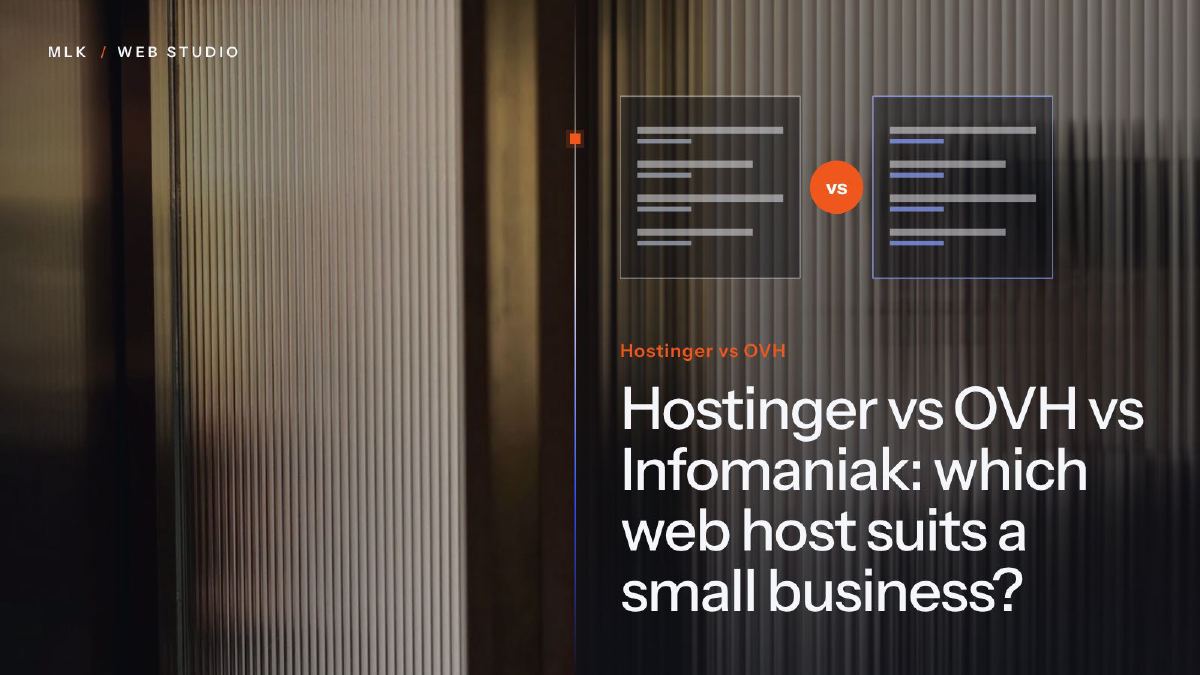 The words Hostinger vs OVH beside two compared panels with a vs badge, behind ribbed glass
