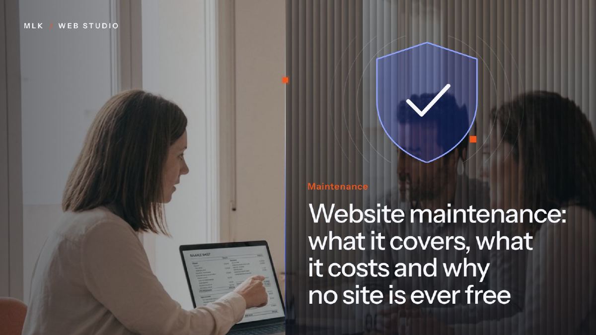Shield with a tick next to a woman showing a document on a laptop to two people, with the word Maintenance