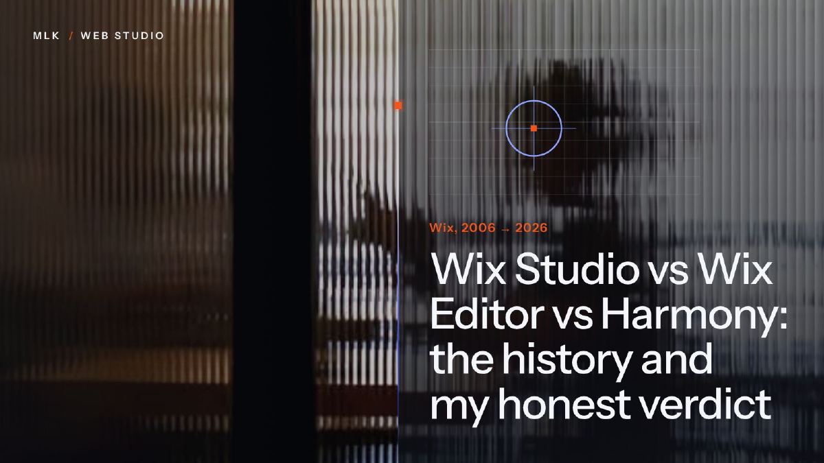 A figure blurred behind ribbed glass, with a blueprint grid, a crosshair and the title Wix, 2006 to 2026