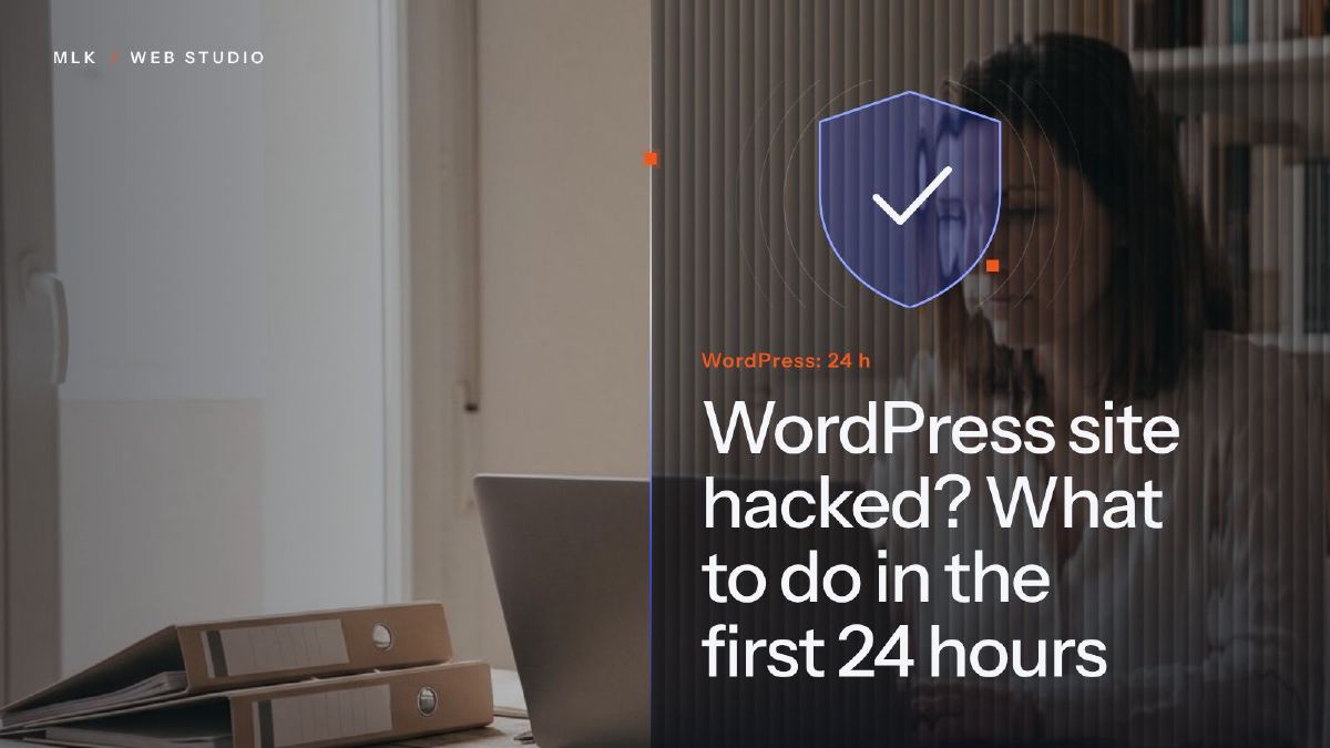 Shield with a tick over a person working at a laptop, with the words WordPress: 24 h