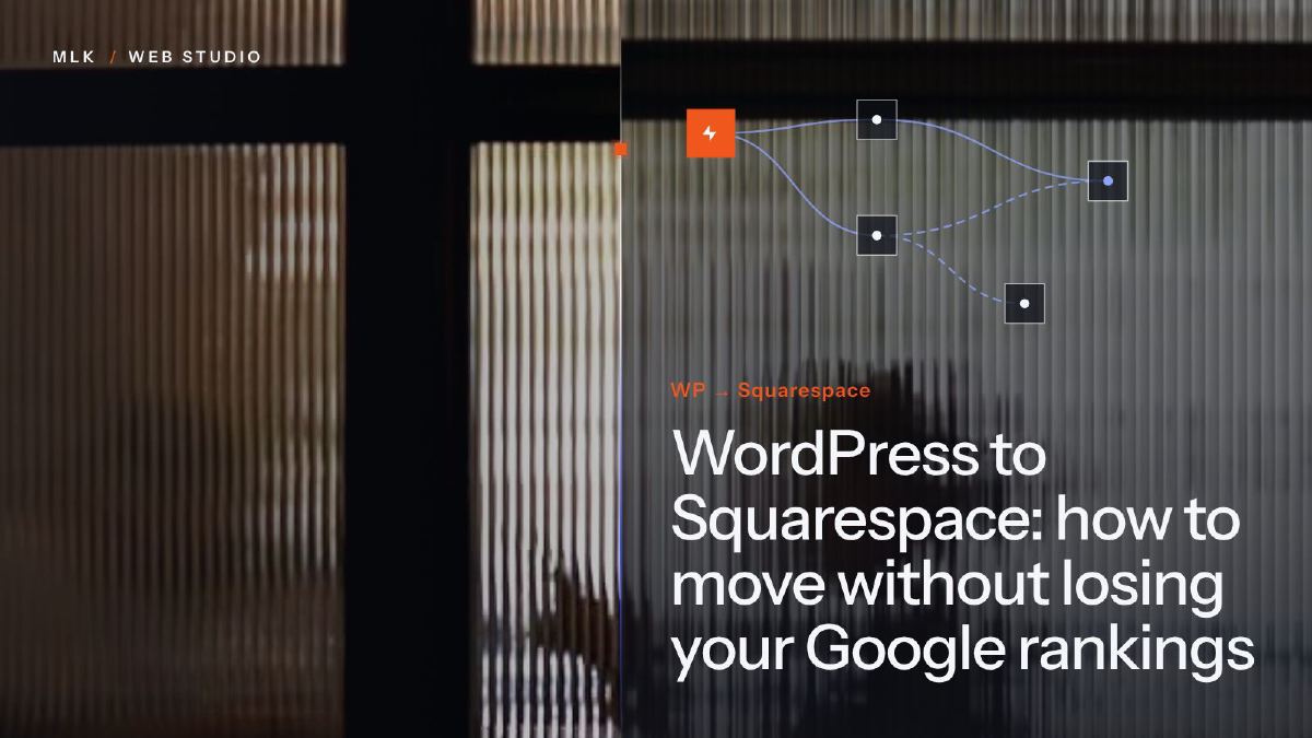 A flow diagram of connected nodes over ribbed glass, with the words WP → Squarespace