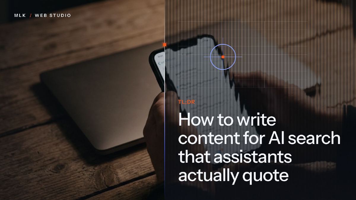A phone held over a laptop under a blueprint grid with a target, and the letters TL;DR