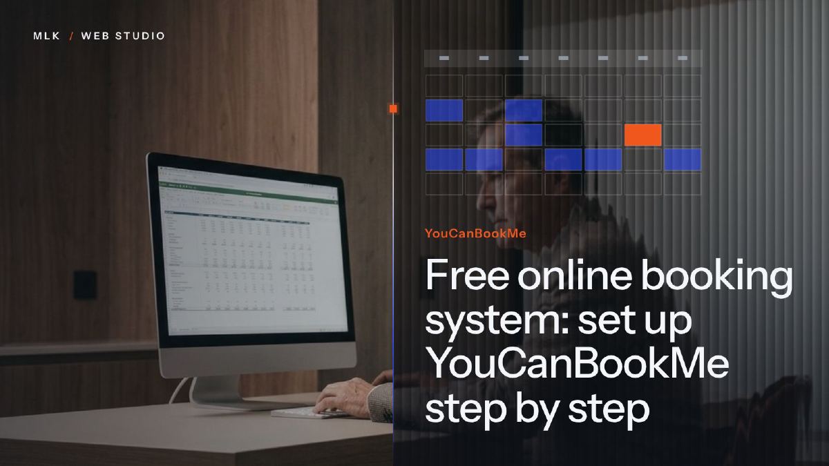 A man at a desktop computer beside a weekly calendar grid of booked slots, titled YouCanBookMe