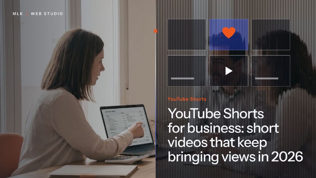 A woman working on a laptop beside a grid of video tiles titled YouTube Shorts