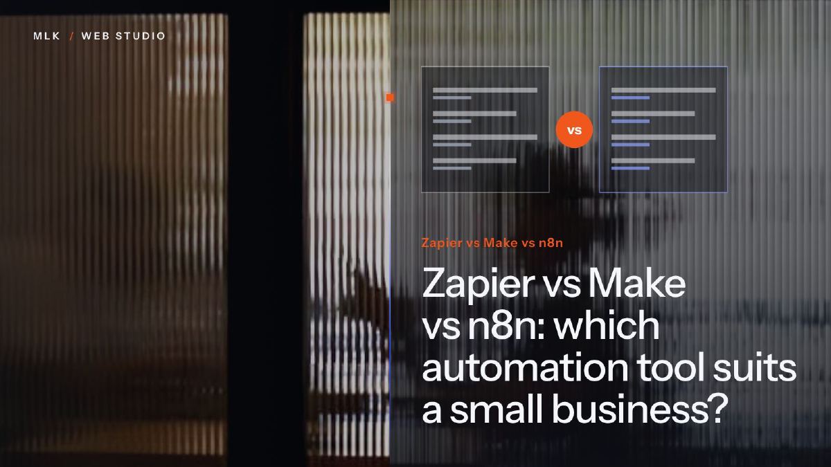 The words Zapier vs Make vs n8n beside two compared panels and a vs badge, behind ribbed glass